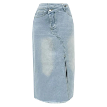 Women Mid Length Jean Skirt With Pockets High Waist Front Split Bodycon Striaght Skirts Women's Washed Light Color Jean Skirt