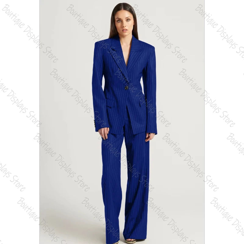 Tibetan Blue Stripe Single Button Women Pants Set High-end Female Two Pieces(Jacket+Trousers)أطقم بناطيل