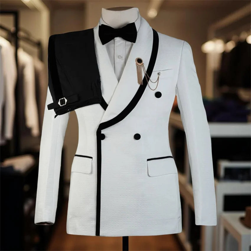 Plaid Formal Wedding Suits for Men Double Breasted Groom Tuxedo 2 Pieces Slim Fit Set Shawl Lapel Suit Jacket with Pants