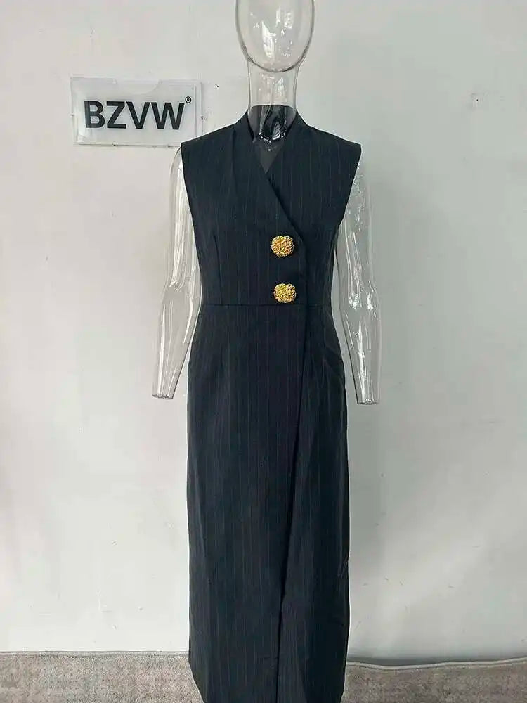 BZVW Women's 2 Pieces Sets Fashion Striped Suit Jacket V-neck Sleeveless Single Breasted Slit Dress Autumn 2025 New 5R5493