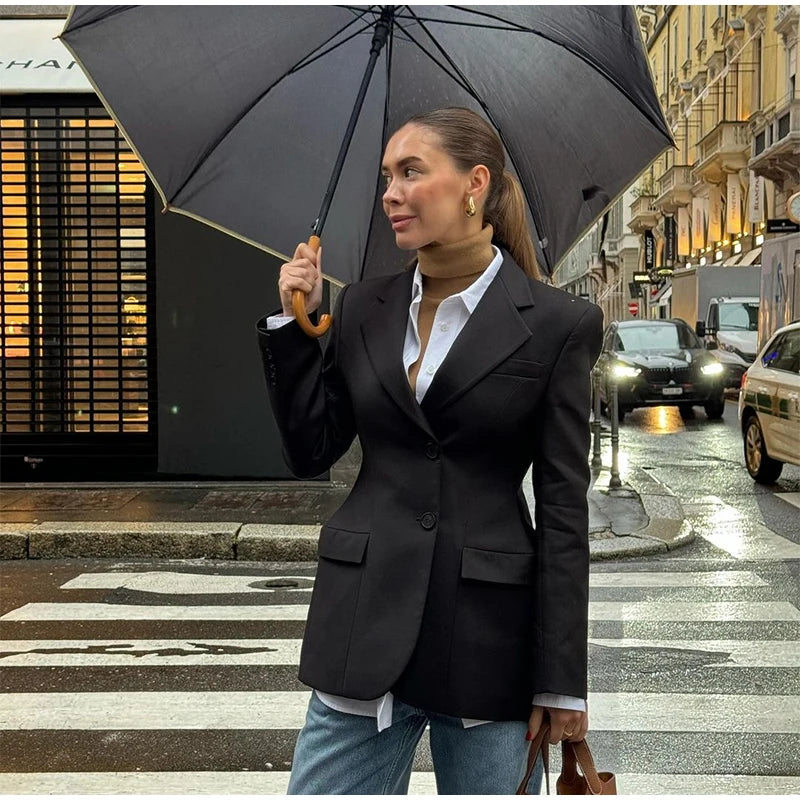 Elegant Black Slim Fit Blazer Jacket Women Retro Lapel Single Breasted Suit Jackets Female 2025 Chic Versatile Street Office