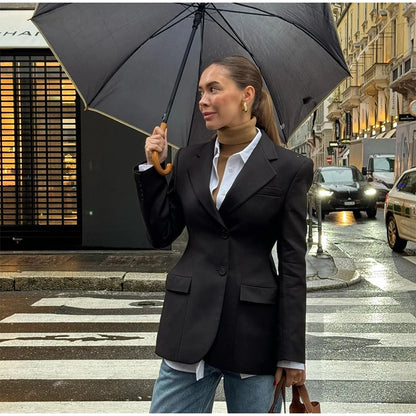 Elegant Black Slim Fit Blazer Jacket Women Retro Lapel Single Breasted Suit Jackets Female 2025 Chic Versatile Street Office