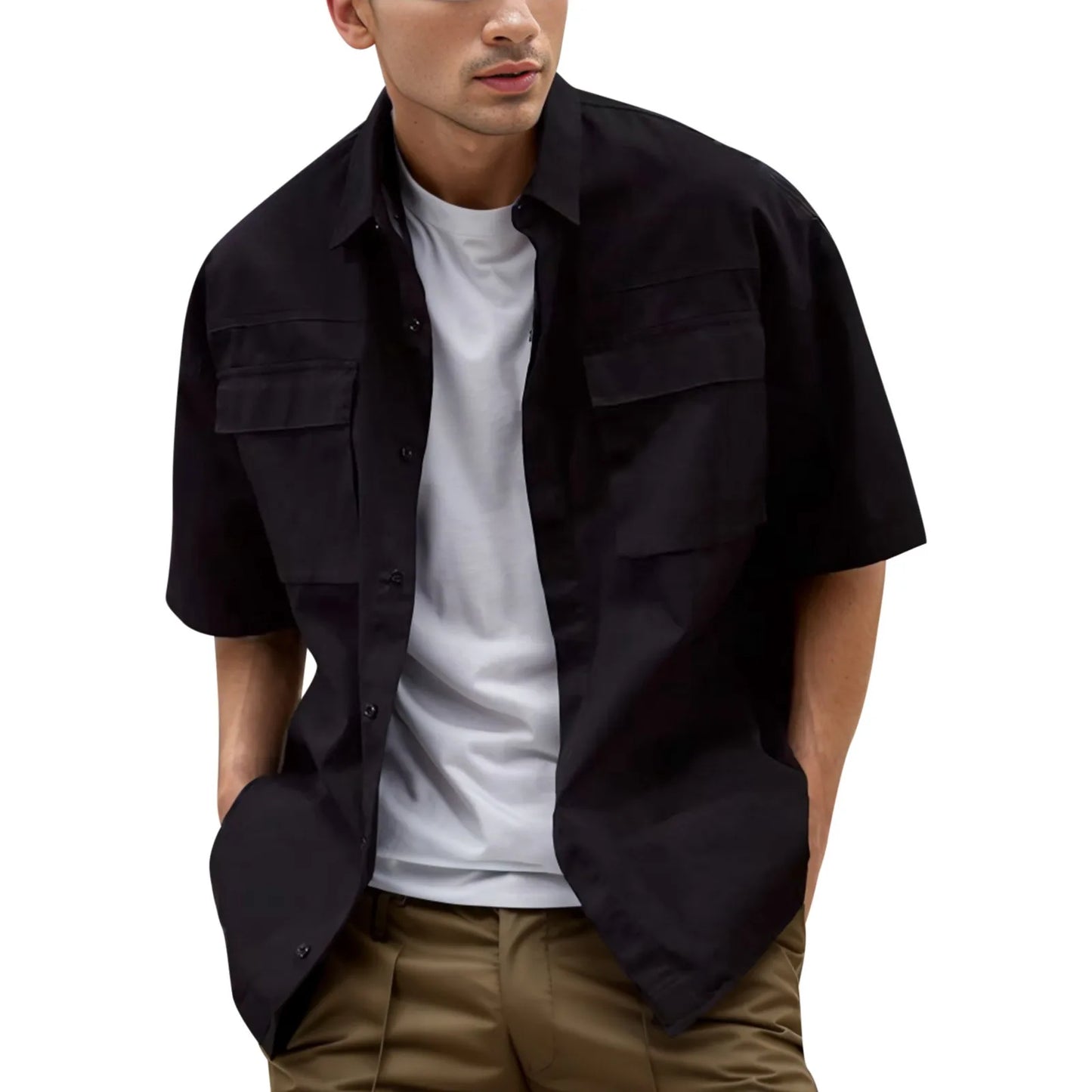 Summer Cargo Blouse Men'S Soild Shirt Pocket Lapel Short-Sleeved Shirts Casual Button Down Blouses For Men Thin Top